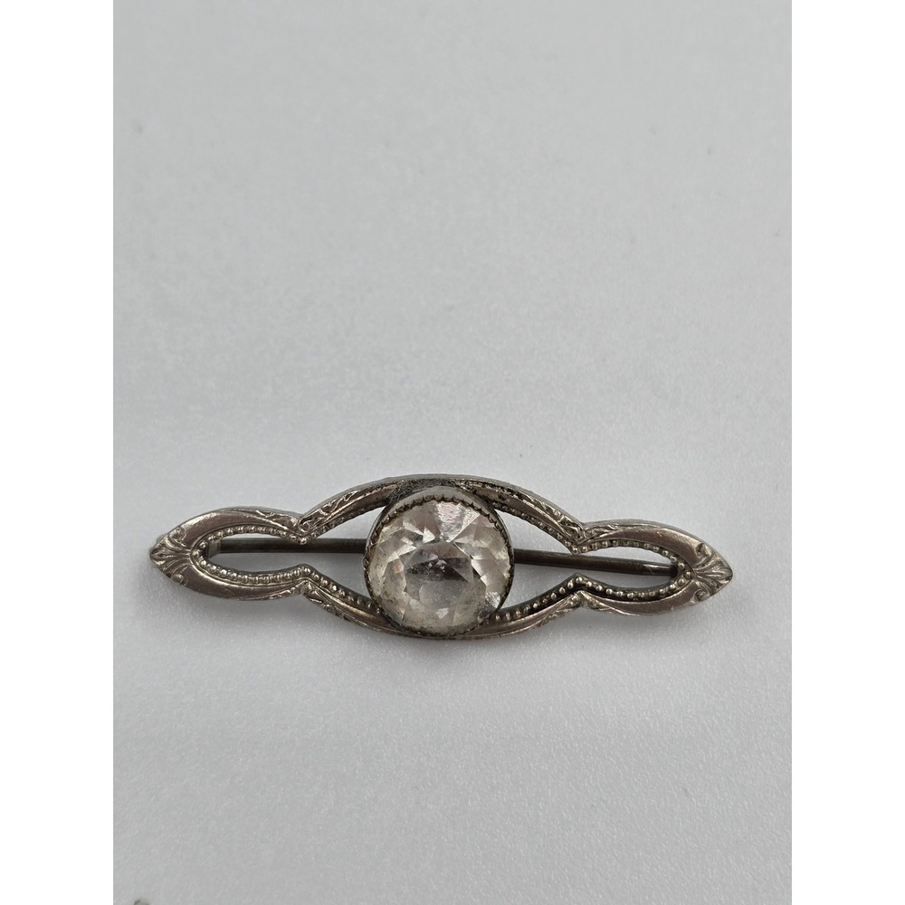Antique Edwardian Art Deco Rhinestone Bar Pin Brooch Crystal Silver Tone